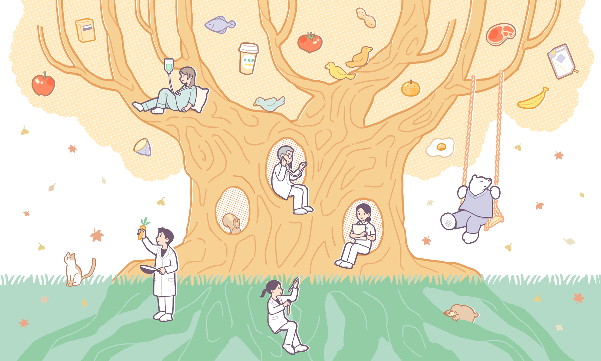 秋の栄養の木。管理栄養士と患者さん、食べものたちのイラスト